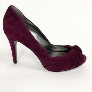GUESS Leather Suede Wgnelana Gathered Knot Peep Toe Burgundy High Stiletto Heels